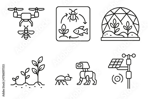 Ecosystem Icons. Line style icons of ecosystem creation in terraforming: pollinator release drone, artificial food chain diagram,