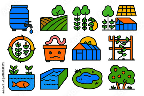 Sustainable Farming Icons. Flat vector icons of Sustainable Farming: rainwater barrel, contour ploughing, agroforestry rows, crop