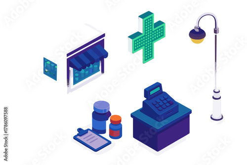 Urban Pharmacy Nightlife. Isometric vector illustration set Urban nightlife – late-night pharmacy, neon cross sign, medicine