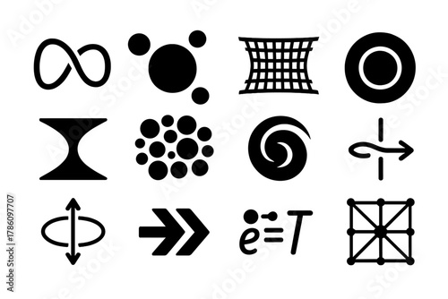 Theoretical Physics Icons. Solid style icons of Theoretical physics: string loop, multiverse bubble, extra dimension grid,