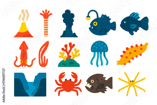 Deep Sea Icons. Flat vector icons of Deep Sea Environment: hydrothermal vent, tube worm, black smoker chimney, abyssal fish, giant