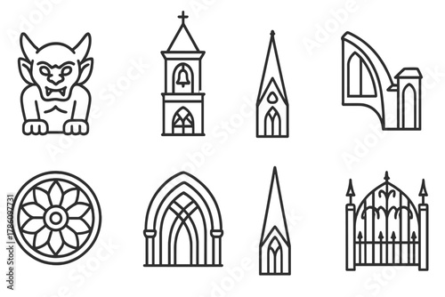 Gothic Architecture Icons. Line style icons of Religious Gothic: Gargoyle, Bell Tower, Stained Glass, Flying Buttress, Rose Window