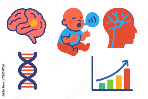 Biolinguistics Icons Set. Isometric vector illustration set Biolinguistics: brain language areas, child vocalization, neural