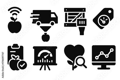 Real-Time Food Tracking Icons. Solid style icons of real-time food tracking: live sensor ping, in-transit scan icon, food chain