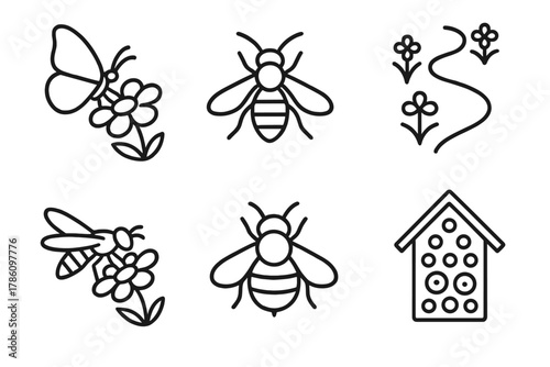 Pollinator Icons Collection. Line style icons of pollinator support: butterfly on flower, mason bee icon, pollinator corridor path