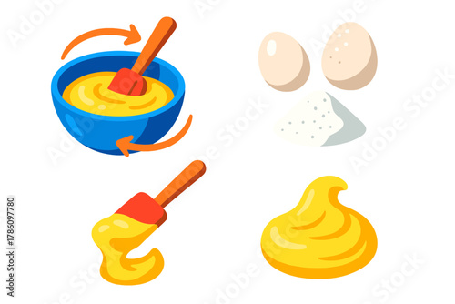 Cooking Technique Icons. Isometric vector illustration set Cooking techniques – mixing bowl, rubber spatula, folding motion arrows
