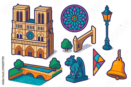 Notre-Dame Isometric Icons. Isometric vector illustration set Historical monuments – Notre-Dame Cathedral façade, rose window,