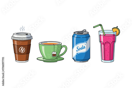 Beverage icons for cafes and restaurants: coffee, tea, soda, and juice