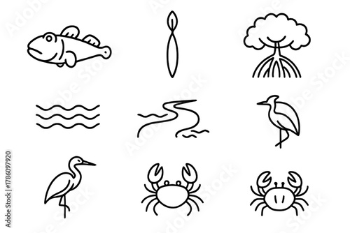 Mangrove Forest Icons. Line style icons of Mangrove Forest: Mudskipper, Seed Pod, Prop Roots, Tide, Estuary, Mangrove Tree, Heron,