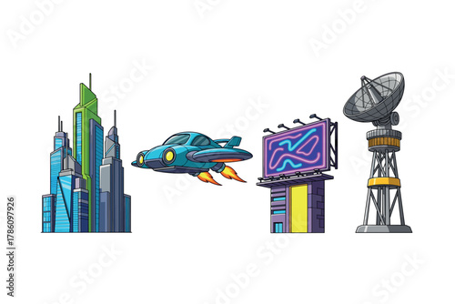 Futuristic urban design icons for technology and innovation themes