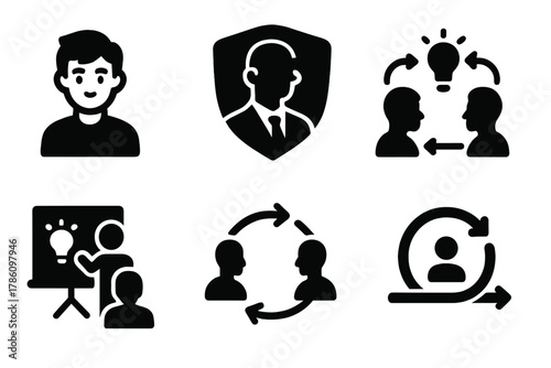 Startup Mentorship Icons. Solid style icons of startup mentorship dynamics: young founder icon, investor listening badge, idea