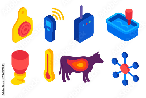 Smart Farming Icons. Isometric vector illustration set Smart farming – livestock wearable tag, RFID reader, data gateway; water