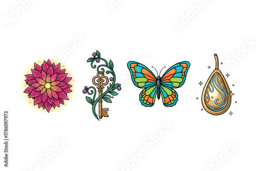 Whimsical nature and fantasy icons for creative design and inspiration