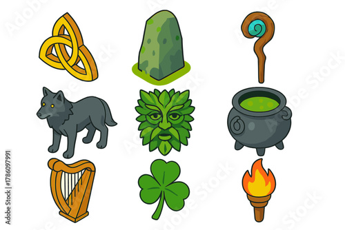 Celtic Symbols and Icons. Isometric vector illustration set Mythology and folklore – Celtic knot, standing stone, druid staff;