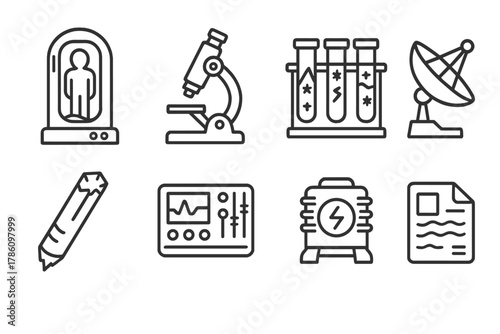 Frozen Lab Icons. Line style icons of Frozen Laboratory: Research Pod, Microscope, Ice Core, Test Tubes, Satellite Dish, Control