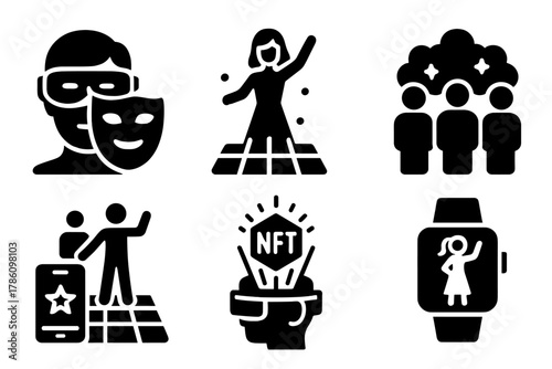 Augmented Reality Icons. Solid style icons of augmented reality performances: AR mask overlay, holographic performer, virtual