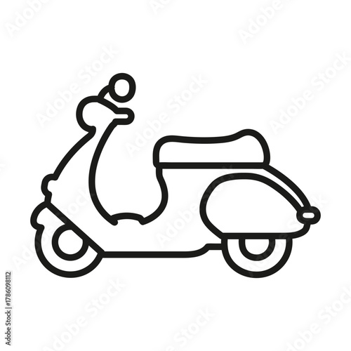 Black and white line art of a vintage scooter with a rounded headlight and seat