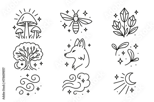 Mystical Grove Icons. Line style icons of Mystical Grove: Radiant Mushrooms, Sparkling Insects, Crystal Flowers, Whispering Tree,