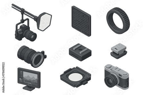 Camera Equipment Isometric. Isometric vector illustration set of Camera and Photography: studio rail system, light diffusion grid,