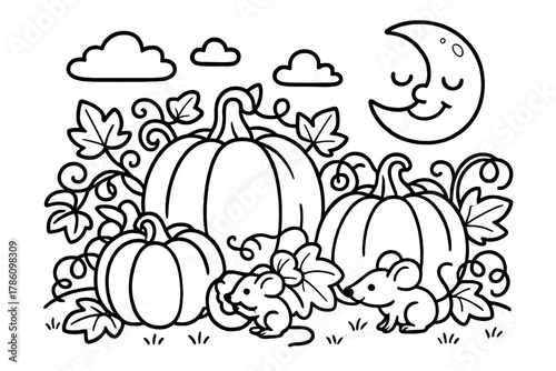 Pumpkin Patch Coloring Scene. Cartoon pumpkin patch with vines, leaves, and mice nibbling nearby under a smiling moon, black and