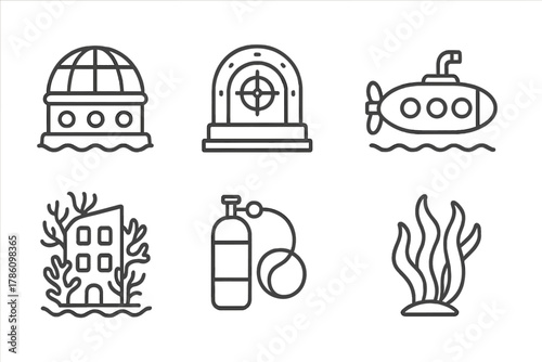 Underwater City Icons. Line style icons of Underwater City: Dome, Airlock, Submarine, Coral-Covered Building, Oxygen Tank, Glass