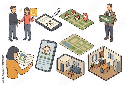 Real Estate Celebration. Isometric vector illustration set of Real Estate: property sold celebration, digital signature pad,