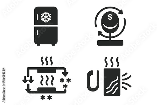 Magnetic Refrigeration Icons. Solid style icons of magnetic refrigeration: magnetic cooling unit, rotating magnet disk, heat