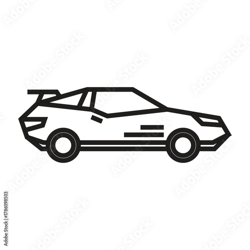 Black outline depicts a car with spoiler  two horizontal lines on its side tires are shown