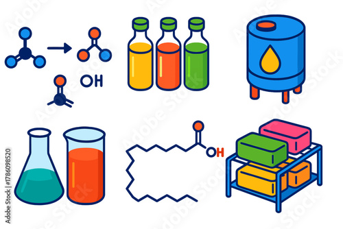 Oleochemical Process Icons. Isometric vector illustration set Oleochemistry: chemical equations of saponification, vegetable oil