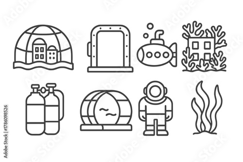 Underwater City Icons. Line style icons of Underwater City: Dome, Airlock, Submarine, Coral-Covered Building, Oxygen Tank, Glass