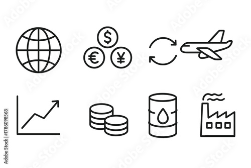 Global Economy Icons. Line style icons of Global Economy: Globe, Currency Symbols, Exchange Arrows, Cargo Plane, Chart, Coins, Oil
