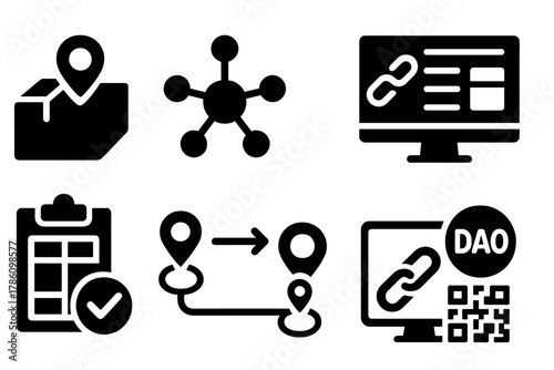 Supply Chain Icons. Solid style icons of supply chain DAOs: product traceability icon, supply chain node map, on-chain logistics