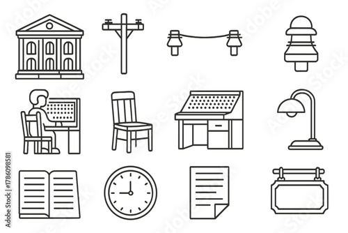 Historic Exchange Icons. Line style icons of historic exchanges: building facade, telegraph pole, wire line, insulator; operator
