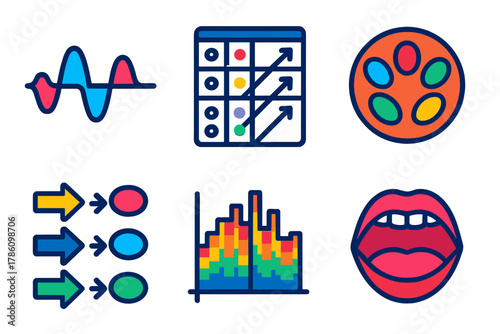 Phonological Shift Icons. Isometric vector illustration set Phonological Shifts: sound wave icon, consonant shift chart, vowel