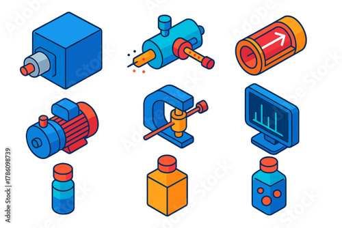Science Lab Equipment Icons. Isometric vector illustration set Science lab equipment – mass spectrometer, ion source, analyzer;