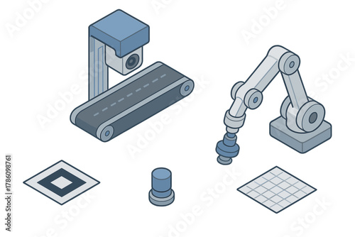 Robotic Assembly Station. Isometric vector illustration set Robotics and AI – Vision-guided pick-and-place robot: camera mount,