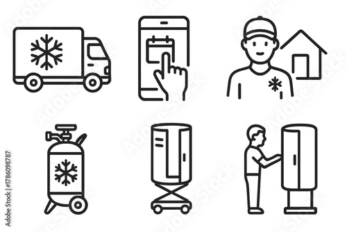 Mobile Cryotherapy Icons. Line style icons of mobile cryotherapy: cryotherapy truck, on-demand session booking, technician visit