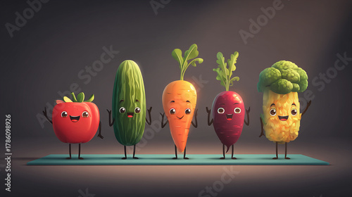 A cartoon illustration of vegetables standing in a row on a blue mat with a dark background