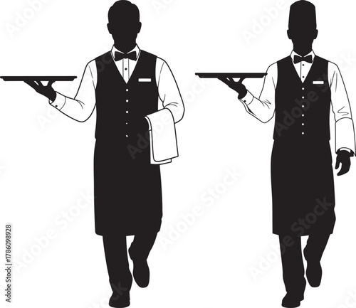 Two waiters carrying trays silhouette
