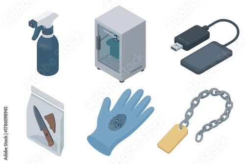 Forensic Science Tools. Isometric vector illustration set Forensic science: luminol spray bottle, evidence drying cabinet, cell