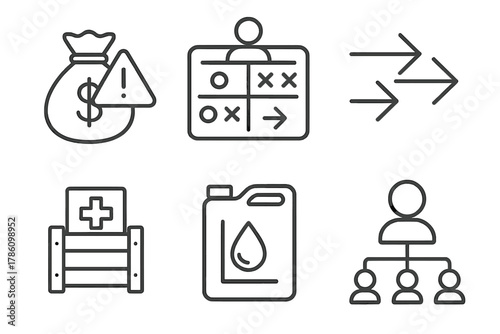 Crisis Resource Allocation Icons. Line style icons of resource allocation in crisis: emergency fund icon, supply distribution