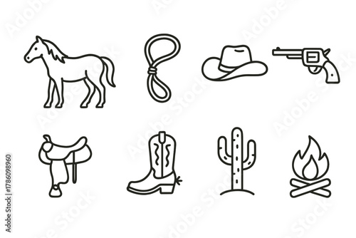 Cowboy Life Icons. Line style icons of Cowboy Life: Horse, Lasso, Cowboy Hat, Revolver, Saddle, Boots, Cactus, Campfire, No text,