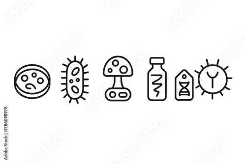 Microbial Ingredient Icons. Line style icons of microbial ingredients: yeast culture, bacteria strain, fungi cell icon, precision