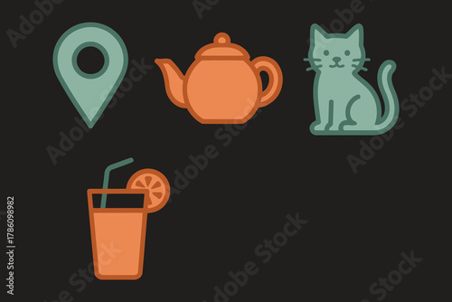 A collection of simple flat icons including a location pin a teapot a sitting cat and a refreshing orange drink with a slice of citrus and straw on a black background