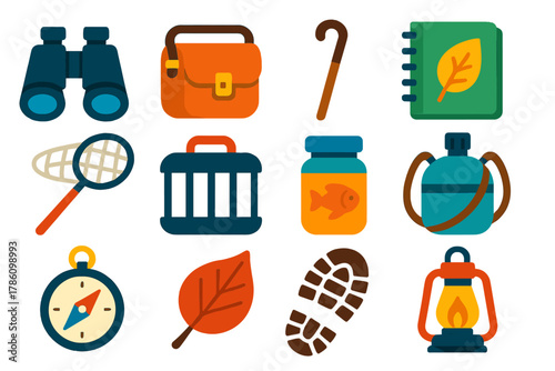 Field Zoology Icons. Flat vector icons of Field Zoology: binoculars, explorer satchel, walking stick, sketchbook, net, field cage,