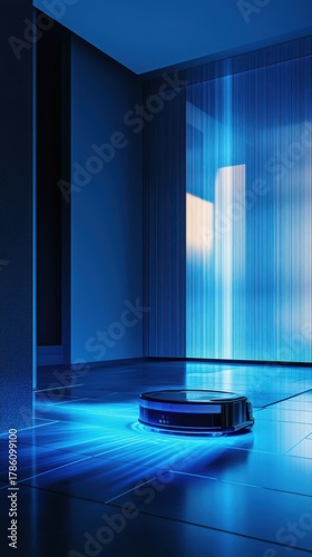 Robot vacuum cleaner scanning room with blue holographic display