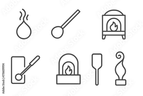 Glassblowing Line Icons. Line style icons of Glassblowing: Molten Glass, Blowpipe, Annealing Oven, Marver, Pontil, Furnace,