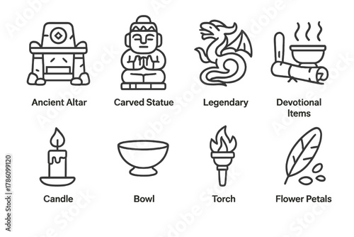 Hidden Altar Icons. Line style icons of Hidden Altars: Ancient Altar, Carved Statue, Legendary Myth, Devotional Items; Candle,