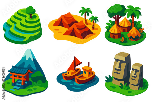 Cultural Landscapes Icons. Isometric vector illustration set Cultural Landscapes: terraced fields, desert nomad tents, rainforest