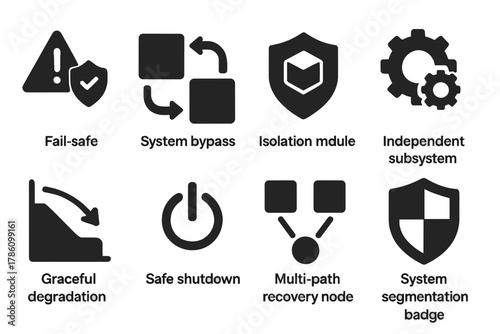 Fault-Tolerant Architecture Icons. Solid style icons of fault-tolerant architecture: fail-safe icon, system bypass loop, isolation